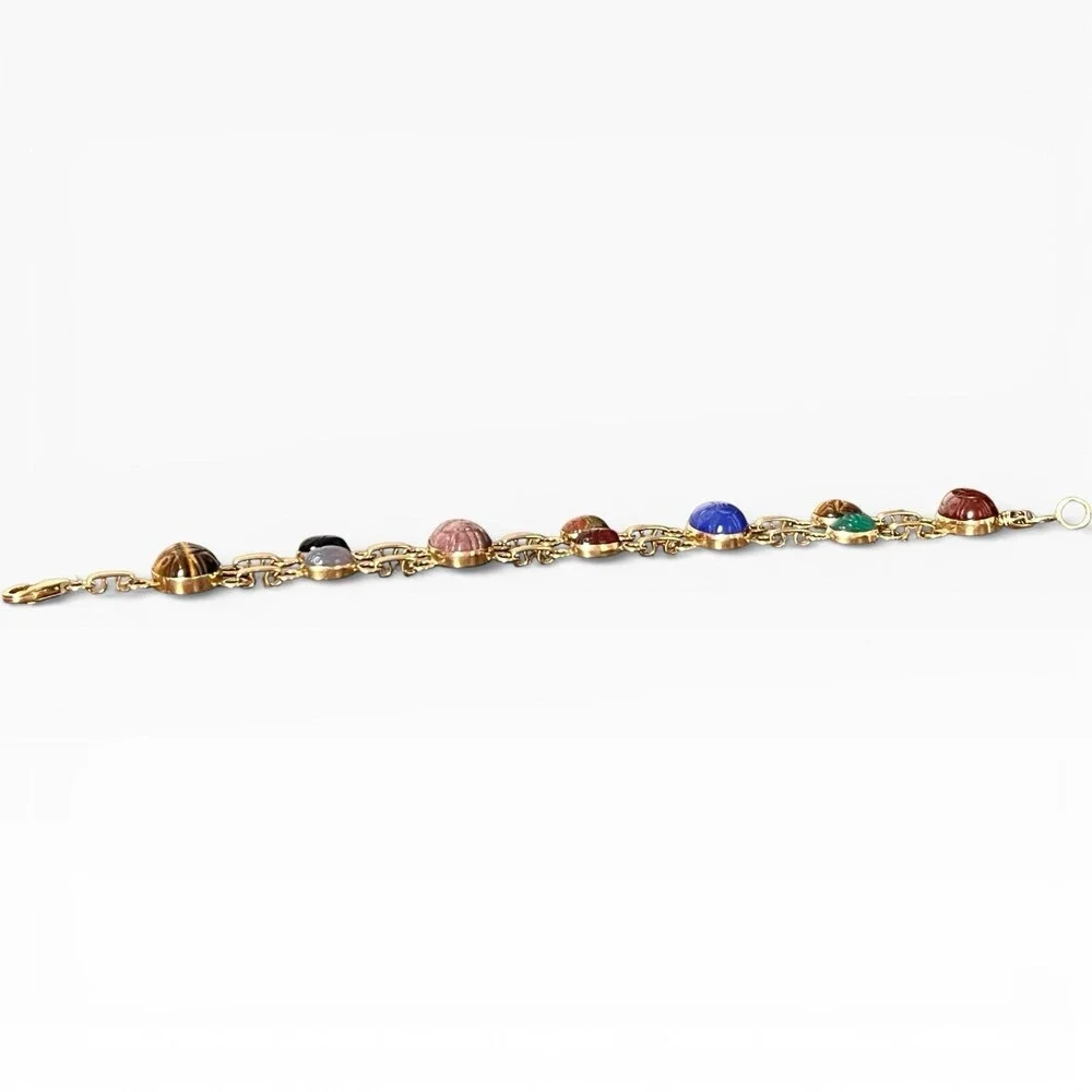 Vintage Carla 14k Yellow Gold Two Strands Multi Gemstone 10 Scarab Bracelet 7